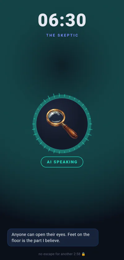 WakeYa call screen at 6:30. The AI caller says: "Anyone can open their eyes. Feet on the floor is the part I believe."